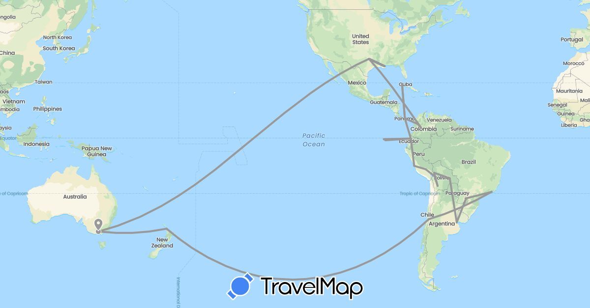 TravelMap itinerary: driving, plane in Argentina, Australia, Bolivia, Brazil, Chile, Colombia, Cuba, Ecuador, New Zealand, Panama, Peru, United States (North America, Oceania, South America)